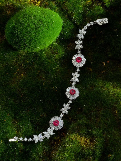 Red 16cm [b 1759] 925 Sterling Silver High Carbon Diamond Flower Luxury Bracelet